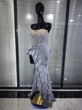 Women Sexy Strapless Sparkly Diamonds Mesh See Through Maxi Long Dress Luxury Birthday Evening Party Nightclub Bar Stage Costume