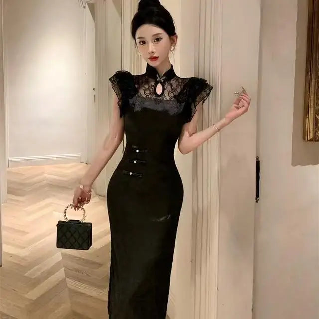 Olive Girl Black Romantic Dress for Garden Wedding 2026 Fairycore Photoshoot Everyday Wear S-L XS-3XL Plus Size Romantic Garden Party Editorial Not Costume Dress Chinese Heritage Fashion Women