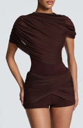 Ladies Bodycon Mesh Ruched Romper Asymmetric Draped Shoulder Mock Neck Short Jumpsuit Slim Fit Wrap Hem Cocktail And Clubwear