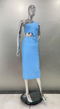 Flower Beads Glam Hollow Waist Slanted Shoulder Blue Dress Fashion Elegant Party Bandage Stage Performance Dress Vestido De Gala