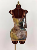 Lace Patchwork Print  Dress Women Sexy Trend Low-Neck See Through  Beach Vacation Party Clubwear Peach Hip Bodycon