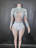Sexy Skinny Leotard Singer Dancer Show StageWear Sparkly Blue Rhinestones Women DanceCostume Fringes One Shoulder Bodysuit  7G