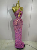Luxury Sparkly Rhinestones Mesh Transparent Backless Long Dress Women Celebrate Evening Prom Birthday Dress Sexy Photoshoot Wear