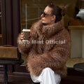 Exclusive Design Women Brown Gradient Mongolia Sheep Fur Jacket Coat Chic Street Fashion Girls Furry Outerwear Overcoat