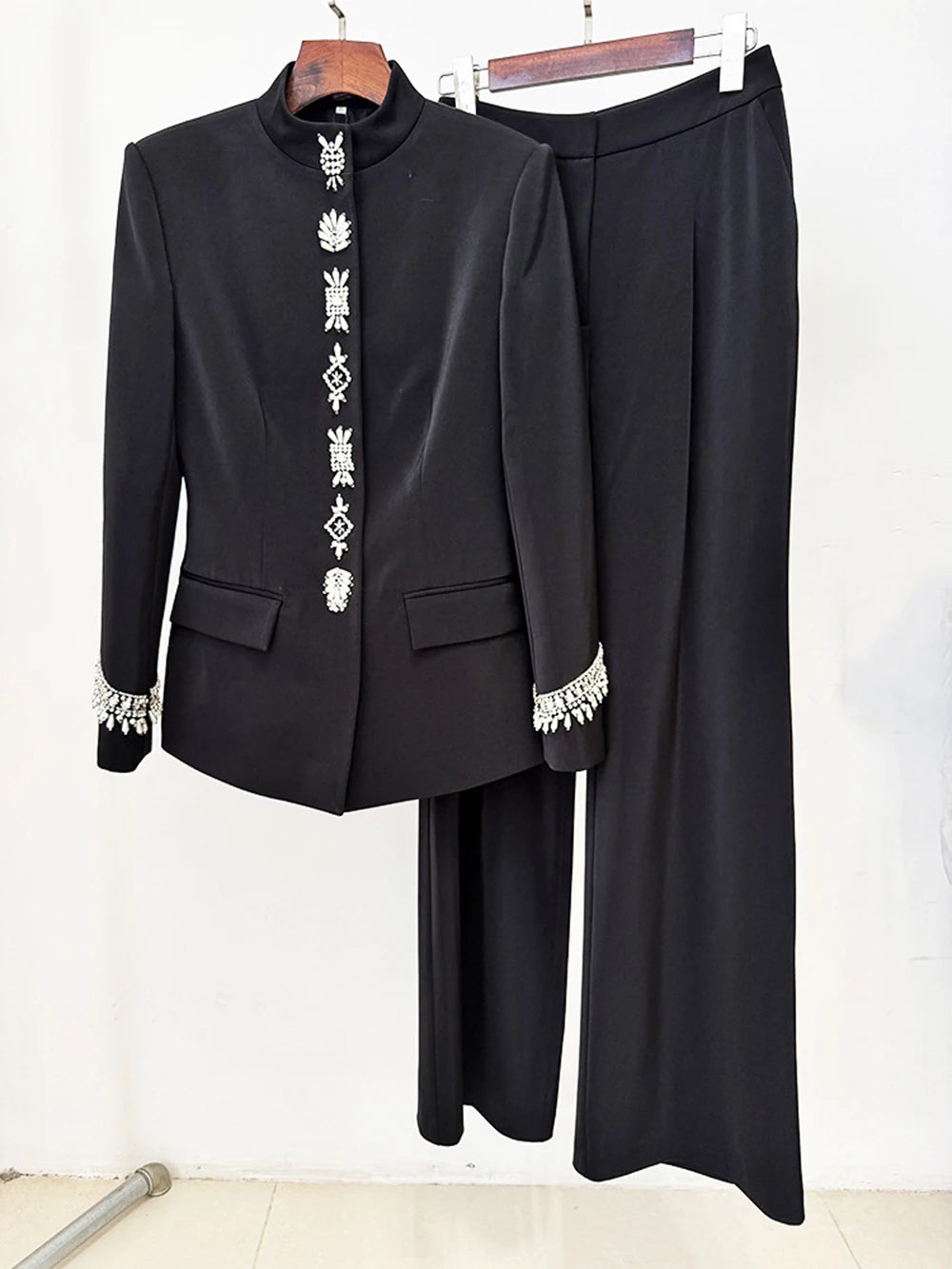Women's Diamond Beaded Blazer Jacket Pants Set 2026 New Formal Slim Suit Jacket Trouser Two Piece Set Outfit