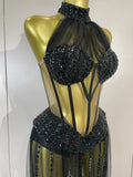 New Sexy Sparkly Rhinestone Mesh Backless See Through Bodysuits Dress Women Eveing Party Nightclub Bar Stage Performance Costume