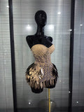 Women Sexy Strapless Sparkly Rhinestone Sequins Mesh See Through Mini Dress Eveing Party Birthday Nightclub Singer Stage Costume