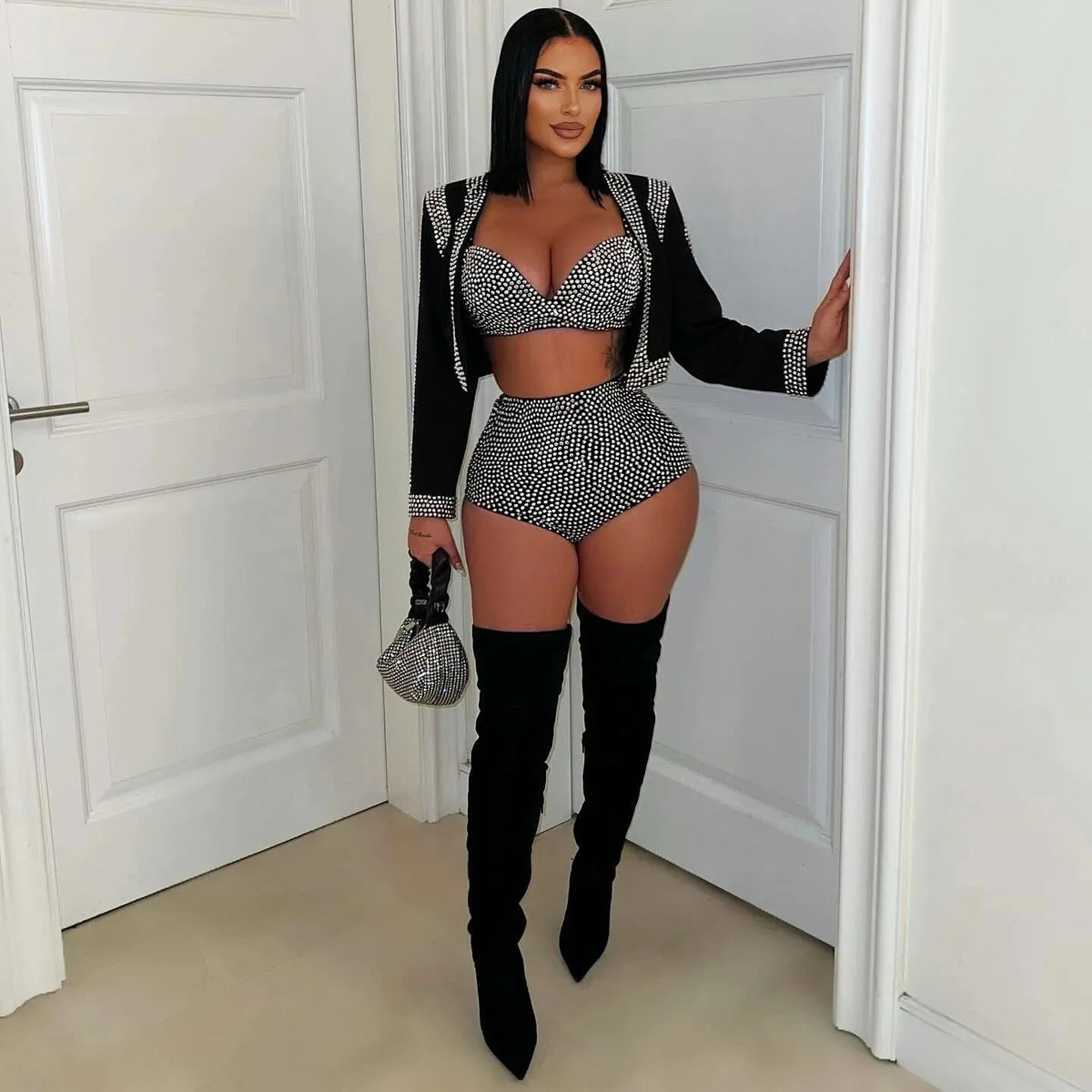 Sexy Dance Set Black Rhinestone Bikini Jacket Women Glitter Costume Nightclub Club Party Show Outfit  3 Piece Sets Outfits