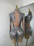 Sparkly Crystal Diamond Sexy Sheer See Through Shining Tassels Dress Long Sleeve Prom Dress Birthday Party Performance Dress