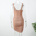 Sexy Solid Fishbone V-neck Dress Women Elegant Solid Sleeveless Pleated Slim Waist-cinching Mini Dresses 2026 Summer Party Gown