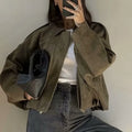 Women's Faux Suede Cropped Bomber Jacket Lapel Collar Zipper Loose Autumn Winter Casual Streetwear Vintage Coat 2026 New