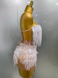 Sexy Pearl Sequins Tassel Sleeveless Glitter Mini Dress Women Singer Bar Nightclub Stage Performance Clothing Show Outfit