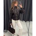 Elastic Drawstring Leather Jacket Zipper Stand Collar Long Sleeved Short Jackets Lady 2026 Autumn Women Chic Street Outerwear