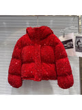 Womens Black Sequin Puffer Coat Zip Up Stand Collar Pockets Warm Jacket Fall Winter Party Club Streetwear Trendy Lady Cozy Wear