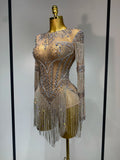Women Sexy Mesh See Through Performance Dance Nightclub Rompers Singer Stage Outfit Sparkly Rhinestone Bodysuit Birthday Wear