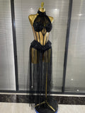 Black Color Women Sexy Halter Shining Rhinestones Mesh See Through Bodycon Bodysuit Bar Dancer Singer Performance Costumes