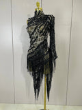 Women One Shoulder Latin Dance Outfits Sexy Leopard Print Sparkly Diamond Tassel See-Through Dress Nightclub Party Stage Costume