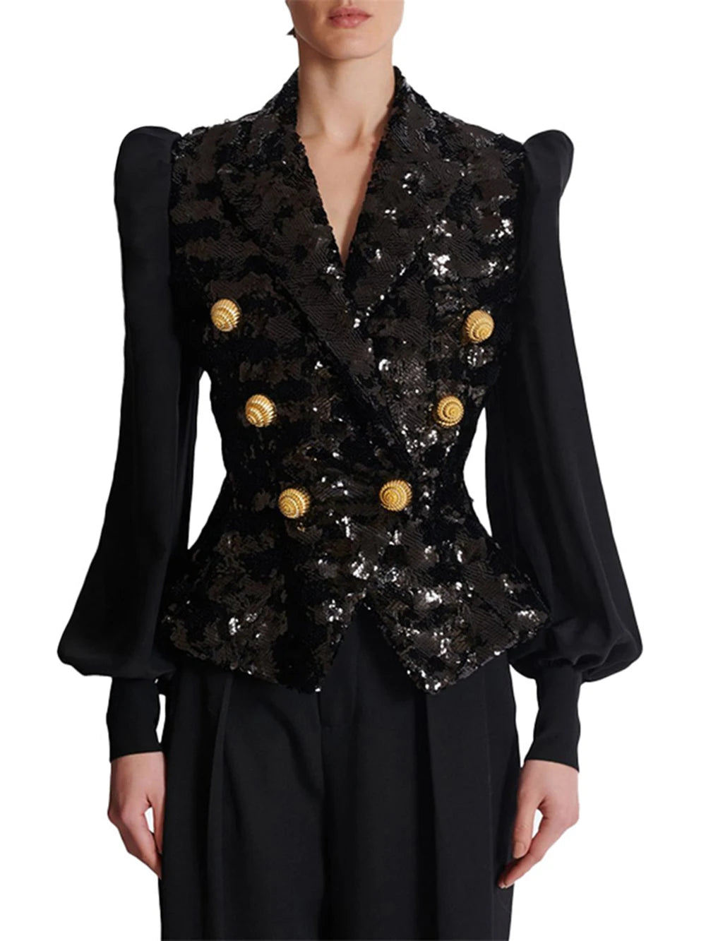 New Fashion 2026 Designer Sequin Suit Jacket Women's Patchwork Double Breasted Gold Buttons Blazer