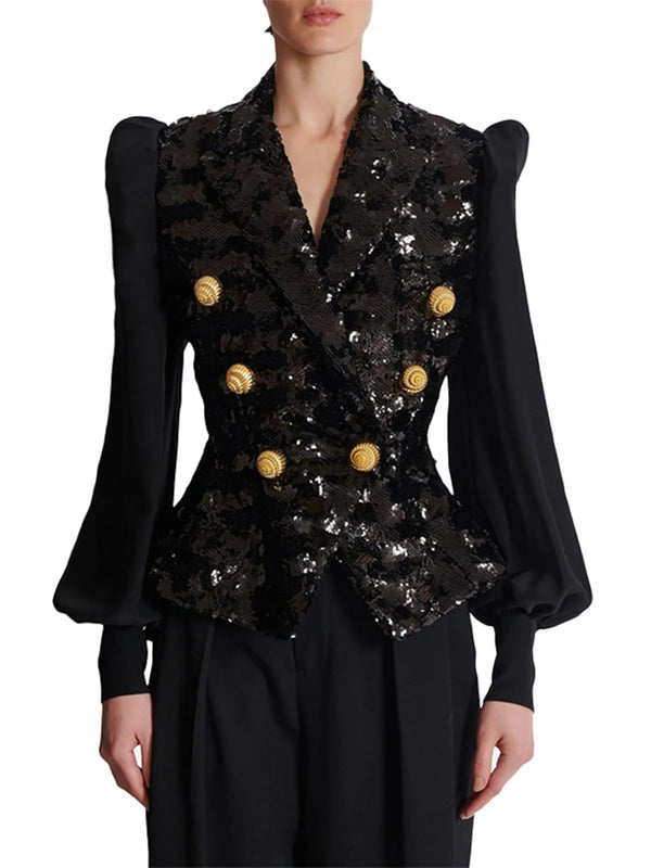 New Fashion 2026 Designer Sequin Suit Jacket Women's Patchwork Double Breasted Gold Buttons Blazer