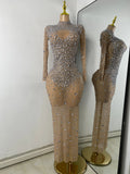 Sparkly Rhinestone Women Sexy Mesh See Through Floor Length Long Sleeve Birthday Dress Party Nightclub Stage Wear