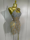 Women Luxury Crystals Diamonds Sexy Halter Mesh See Through Celebrate Birthday Gowns Evening Party Nightclub Singer Stage Wear