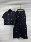 Elegant Beaded Two Piece Set for Women Round Neck Short Sleeve Cropped Top A Line Maxi Skirt for Office Daily Party Suit