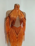 Sparkly Diamond Orange Tassel Long Sleeves Mesh Transparent Dress Women Latin Dance Outfits Bar Nightclub Party Club Stage Wear