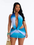 Colorful Gradient Print Dress Women Backless Sleeveless Halter Deep v-Neck Mesh Folds Summer Fashion Mini Bodycon