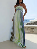 Colorblock Striped Holiday Long Dresses for Women Halter Sleeveless Slimming High Waist Backless Temperament Dress Female