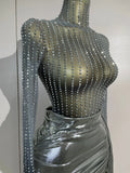 Women Sparkly Rhinestone Birthday Evening Party Nightclub Team Stage Show Costume Sexy Mesh See Through Long Sleeves Mini Dress