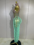 Women Sparkly Rhinestone Eveing Birthday Party Nightclub Bar Stage Costume Sexy Sleeveless Mesh Ruffled See Through Long Dress