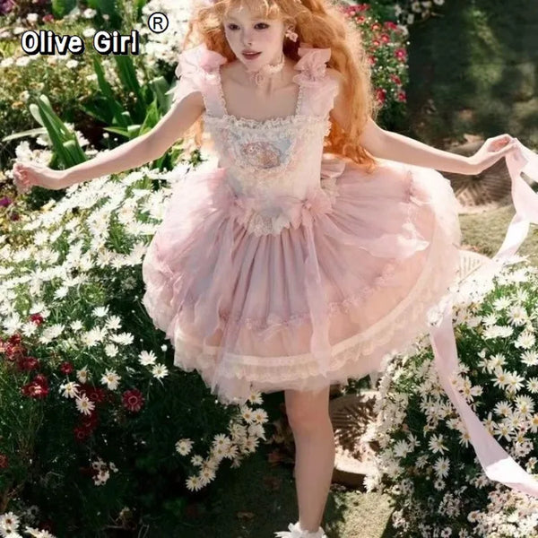 Olivegirl Pink Lolita Dress Milk Sweet Ballet Style Cute Rabbit Cosplay Light Lolita Princess Gown Elegant Women's Clothes