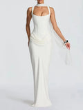 Sexy White Satin Maxi Dresses for Women Square Collar Sleeveless Tunic Fishtail Classic Dinner Dress Female Fashion