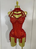Women Sparkly Red Rhinestones Mesh Stretch Bodysuit Birthday Party Sexy Nightclub Bar Singer Dancer Performance Stage Costume