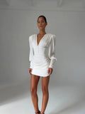 Sexy Women Deep V Puff Long Sleeve Satin Dress Solid Waist-cinching Design Ruched Slim Fit Dresses Elegant Party Lady Gowns 2026
