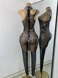 High Street Mesh Spider Web Tight Jumpsuit Performance Dance Costume Luxury Rhinestones Nightclub Bar Stage Leotard