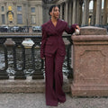 Women Solid Lapel Neck Top Pant Suit Set Elegant Full Sleeve Single Breasted Slim Coat Leg Loose Pants Suit Lady New Chic Sets
