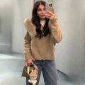 Women Hooded Knit Cardigan Sweater Coat Fluffy Faux Fur Collar Two Way Zip Solid  Loose Casual Jacket 2026 Autumn Winter