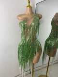 Luxury Crystals Diamonds Evening Party Dress Women Sexy Halter See Through Mesh Birthday Gowns Nightclub Singer Stage Wear