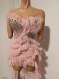 Sparkly Diamond Strapless Mesh Ruffled Pink Long Dress Birthday Evening Party PhotoShoot See Through Bar Nightclub Stage Costume