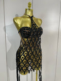 Sexy Sparkly Diamonds Black Mesh Transparent Top Dress Two Piece Set Women Evening Party Celebrate Birthday Photo Shoot Wear