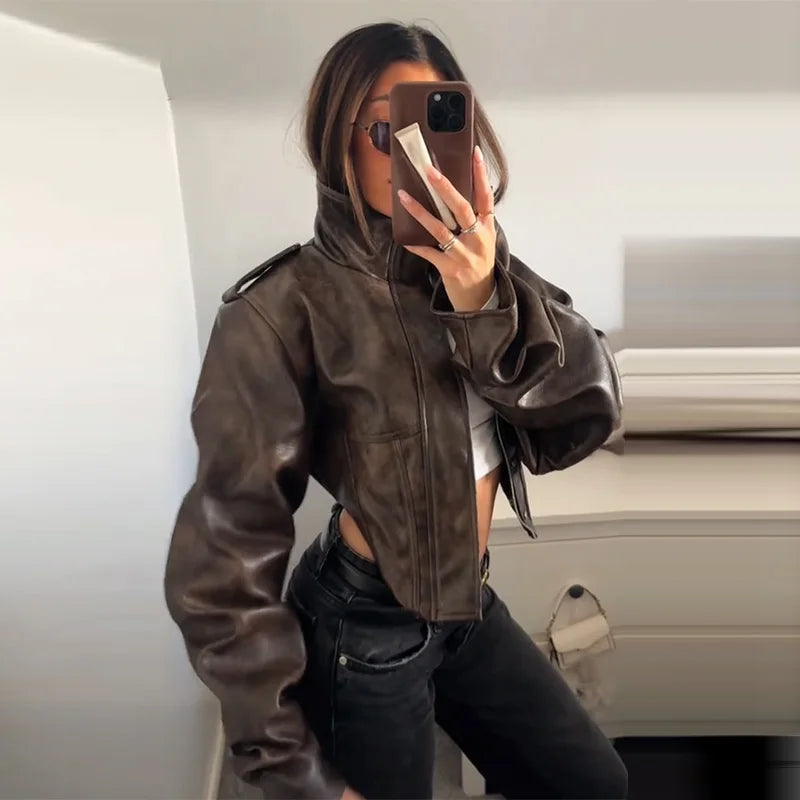 Women's Chic Faux Leather Jacket Fashion Lapel Zipper Irregular Hem Waist Cropped Pu Coat Lady 2026 Spring Chic Street Outerwear