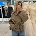 Vintage Plaid Belted Jackets Women Slim Full Sleeves Double-breasted Lapel Cropped Coats 2026 New Ladies Autumn Fashion Outwear