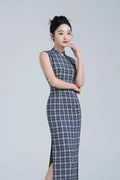 Improved Artistic Grid Long Sleeveless Cheongsam Dress Spring New Fashion Young Girl's Daily Qipao Dress