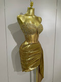 Sparkly Gold Sexy Top Two Pieces Short Skirt Set 2025 Women Celebrate Birthday Dress Party NightClub Dancer Show Stage Outfit