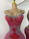 Sparkly Rhinestones Women Sexy Hollow Out High Split Elegant Bodycon Long Outfit Birthday Dress Stage Wear Performance Costume