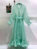 Solid Chic Soft Floral Hollow Out Sheer Flowy Shirt Midi Dress For Women Lapel Long Sleeve Belted Ruffle Hem Vacation Outfit