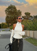 Women's Ribbed Knit Turtleneck Cutout Shoulder Halter Vest Long-Sleeved Shawl 2-Piece Set Slim Y2K Sexy Street Autumn Top