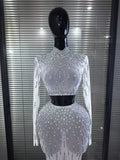 Sparkly Rhinestones Women Long Sleeve Mesh See Through 2 Pieces Bodycon Long Dress Nightclub Party Birthday Celebrate Outfit