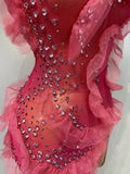 Women Strapless Sparkly Diamonds Ruffled Slit Long Dress Birthday Evening Party PhotoShoot Mesh See Through Nightclub Stage Wear